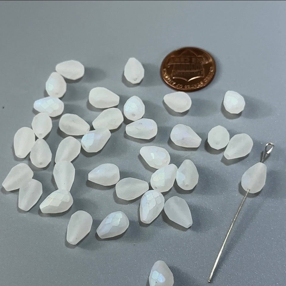 Czech Glass Pear Shaped Fire Polished Beads 10x7mm Matted Crystal Light AB Tear Drops, 30 pieces, J553W