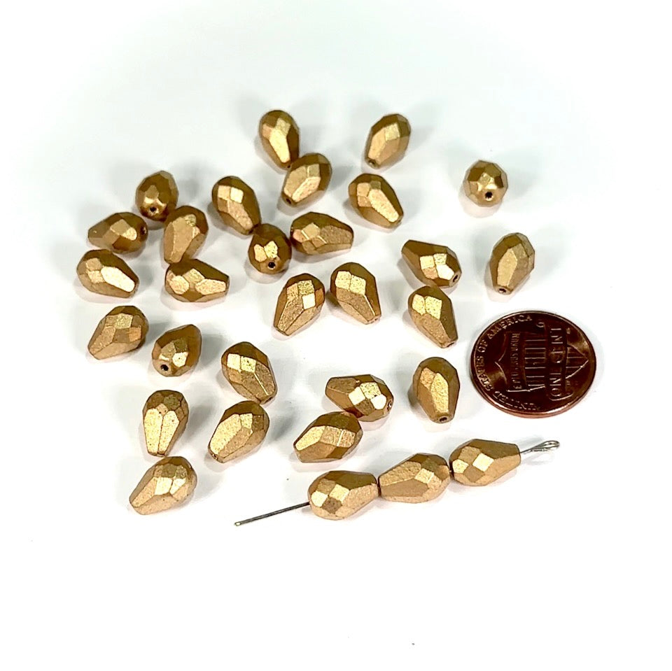 Czech Glass Pear Shaped Fire Polished Beads 10x7mm Matted Gold Pearlized Tear Drops, 30 pieces, J553X