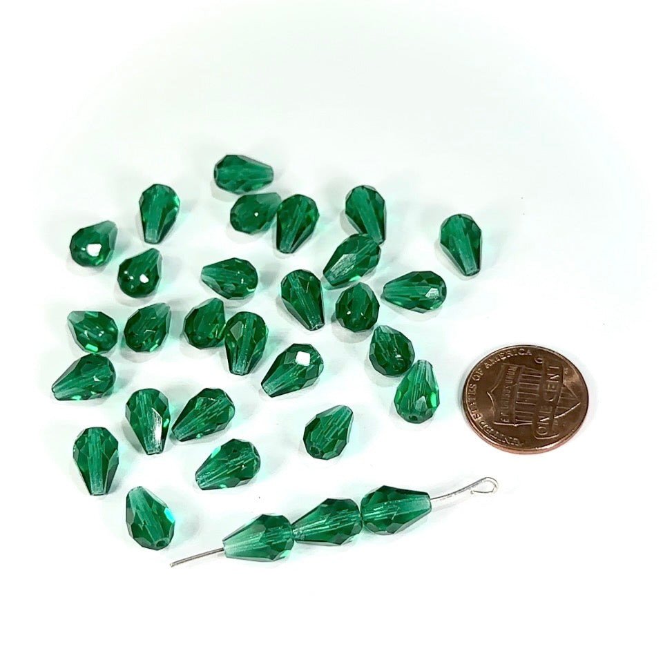 Czech Glass Pear Shaped Fire Polished Beads 10x7mm Emerald green Tear Drops, 30 pieces, J553Y