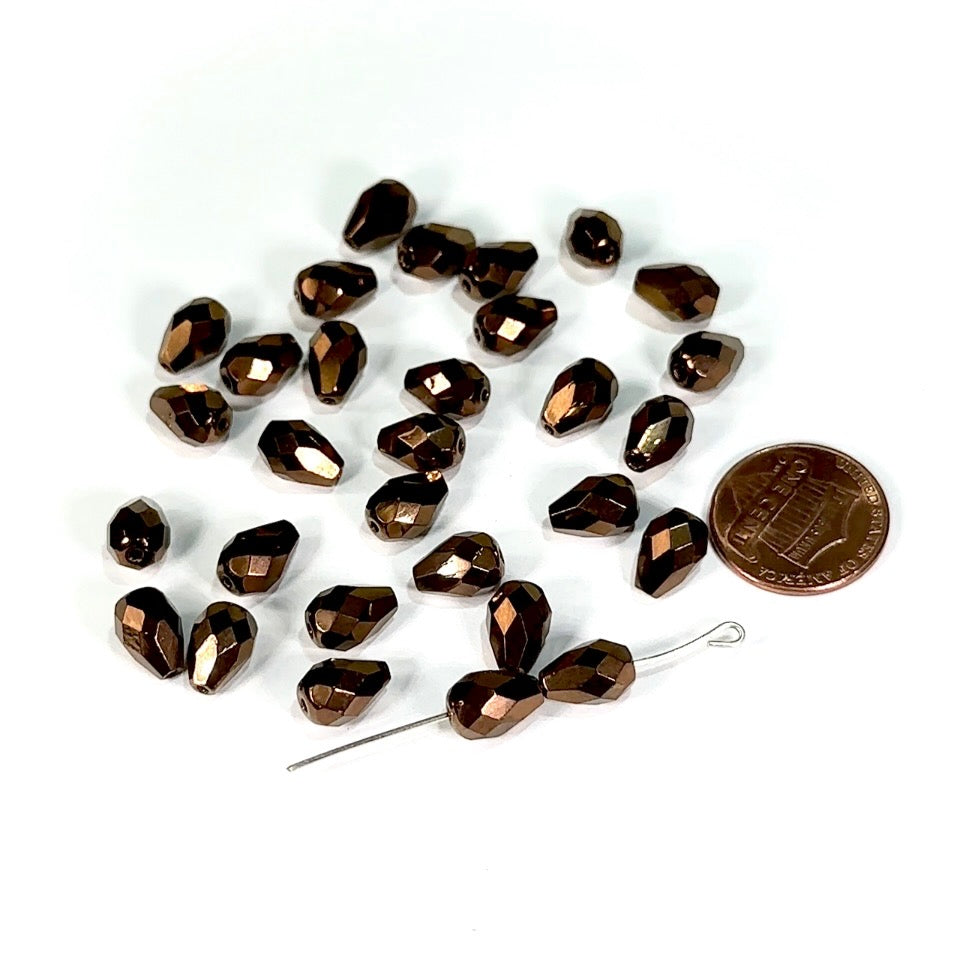 Czech Glass Pear Shaped Fire Polished Beads 10x7mm Bronze Metallic Tear Drops, 30 pieces, J553Z