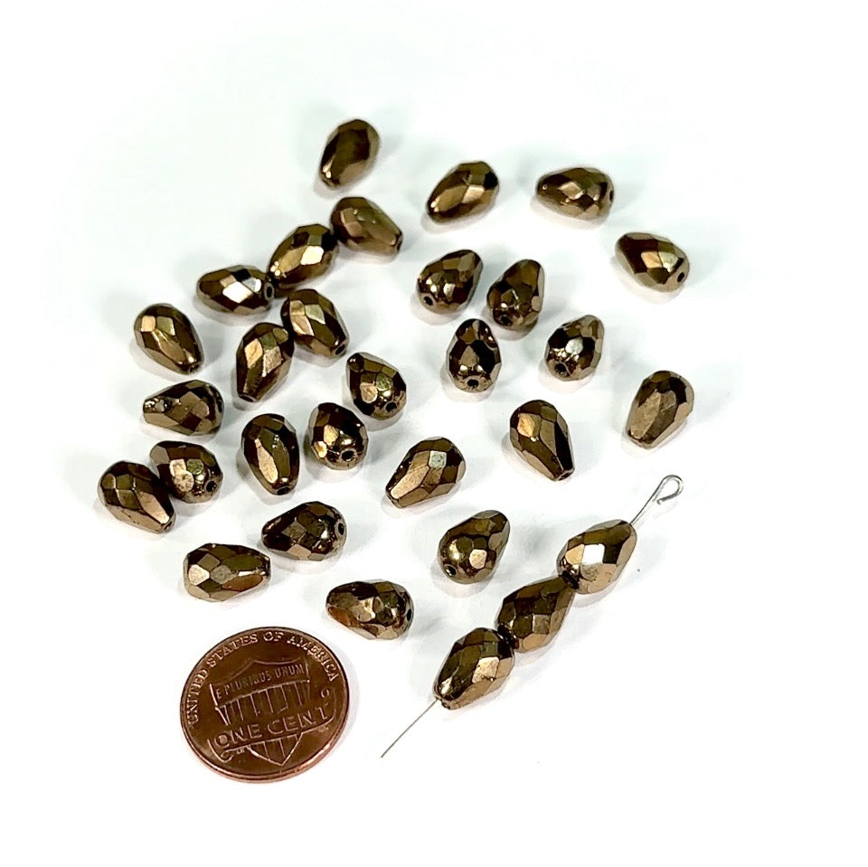 Czech Glass Pear Shaped Fire Polished Beads 10x7mm Gold Bronze Metallic Tear Drops, 30 pieces, J554A
