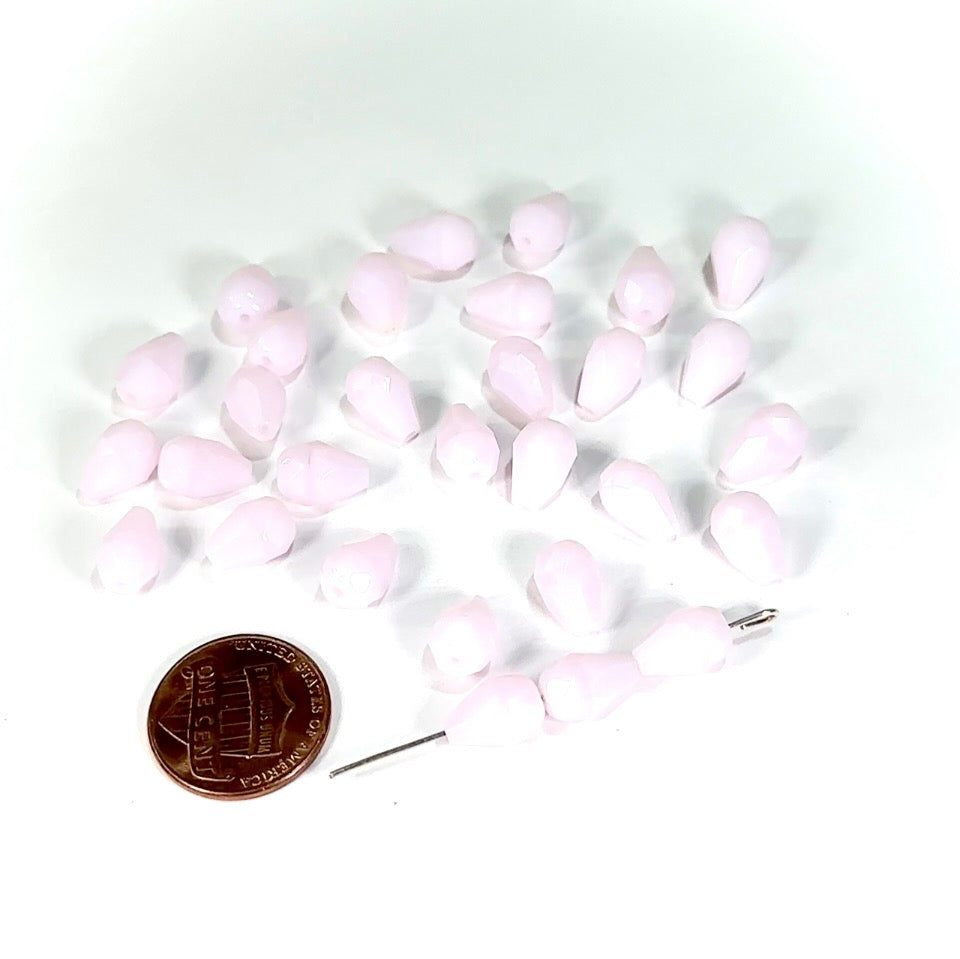 Czech Glass Pear Shaped Fire Polished Beads 10x7mm Pink Alabaster Tear Drops, 30 pieces, J554B