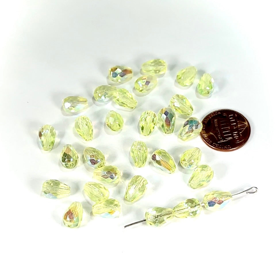 Czech Glass Pear Shaped Fire Polished Beads 10x7mm Jonquil AB Tear Drops, 30 pieces, J554C
