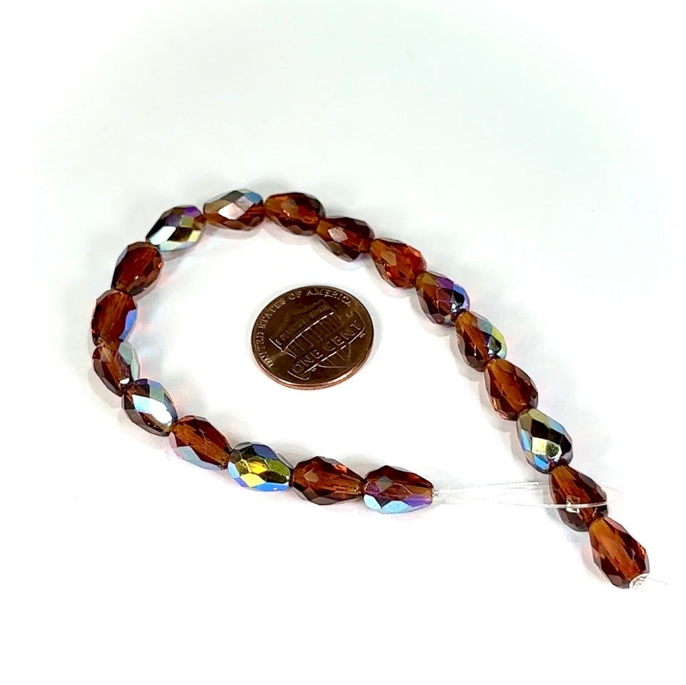 Czech Glass Pear Shaped Fire Polished Beads 10x7mm Smoked Topaz AB Tear Drops, 19 pieces, J554E