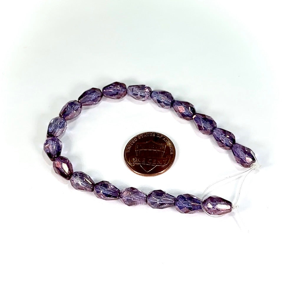 Czech Glass Pear Shaped Fire Polished Beads 10x7mm Violet Luster Tear Drops, 18 pieces, J554F