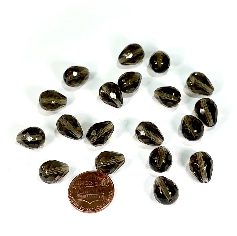 Czech Glass Pear Shaped Fire Polished Beads 13x10mm Smoked Topaz Tear Drops, 12 pieces, J554G