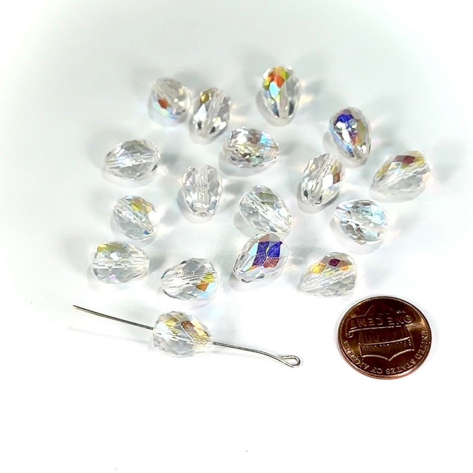 Czech Glass Pear Shaped Fire Polished Beads 13x10mm Crystal AB Tear Drops, 12 pieces, J554H