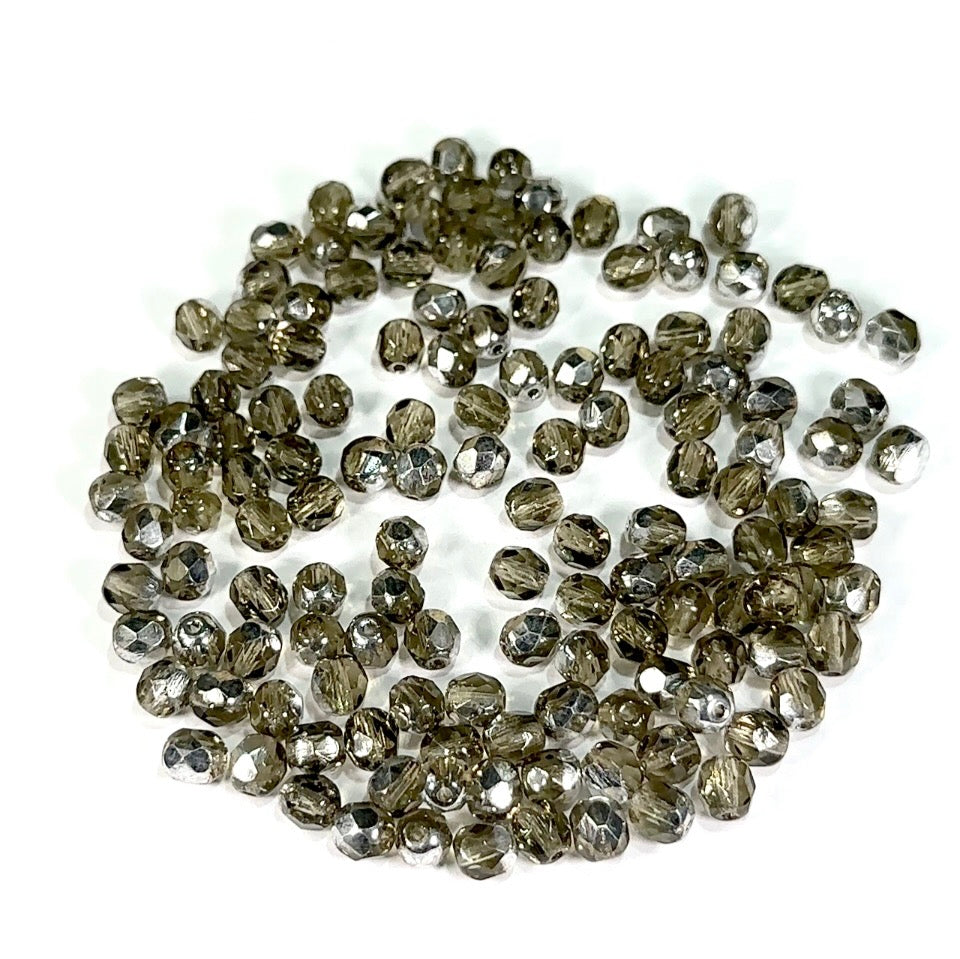 Black Diamond Silver Half Coated Czech Fire Polished Round Faceted Glass Beads