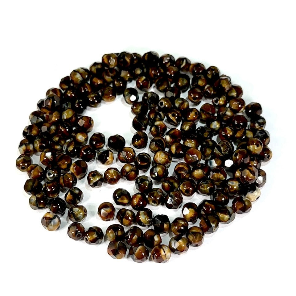 Chocolate Marble Satin Czech Fire Polished Round Faceted Glass Beads