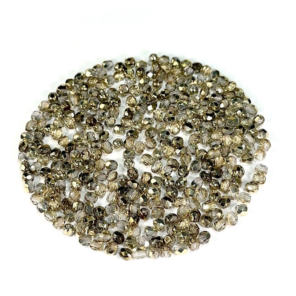 Crystal Amber Aureate 2-sided Gold coated, loose Czech Fire Polished Round Faceted Glass Beads