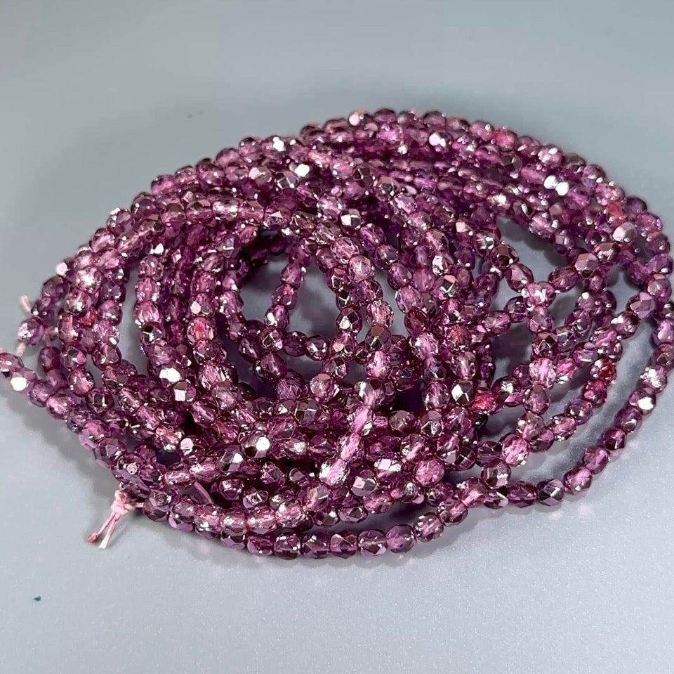 Fuchsia Silver Metallic Pearl Czech Fire Polished Round Faceted Glass Beads 4mm 120pcs J610