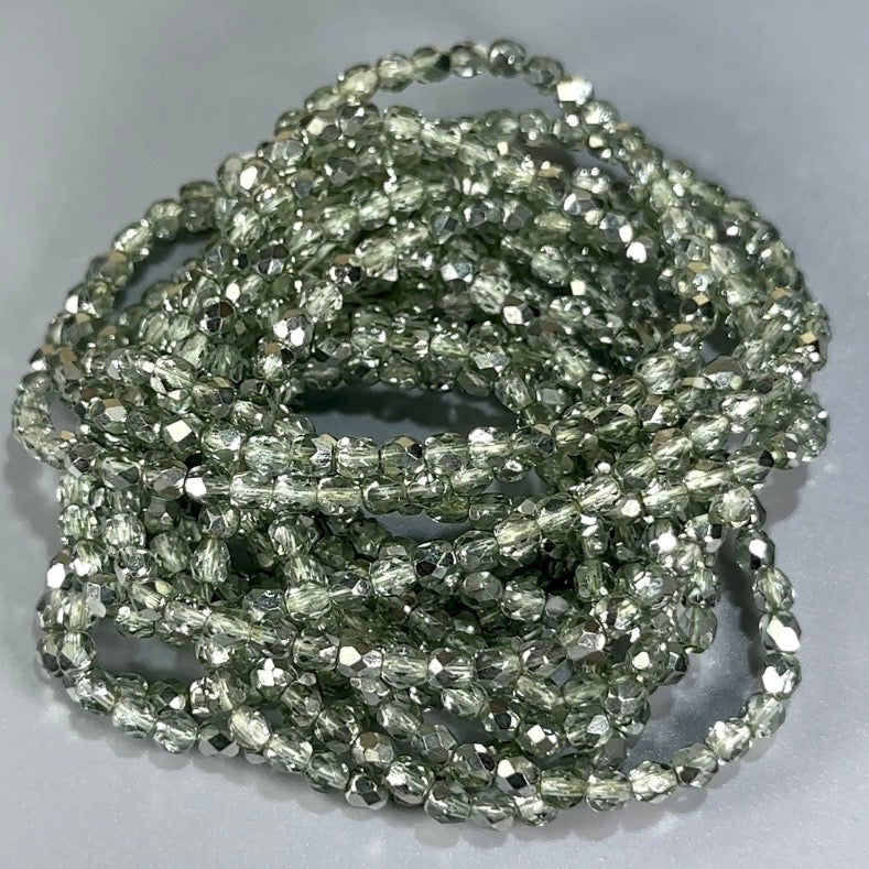 Sea Foam Silver Metallic Pearl Czech Fire Polished Round Faceted Glass Beads 4mm 120pcs J611