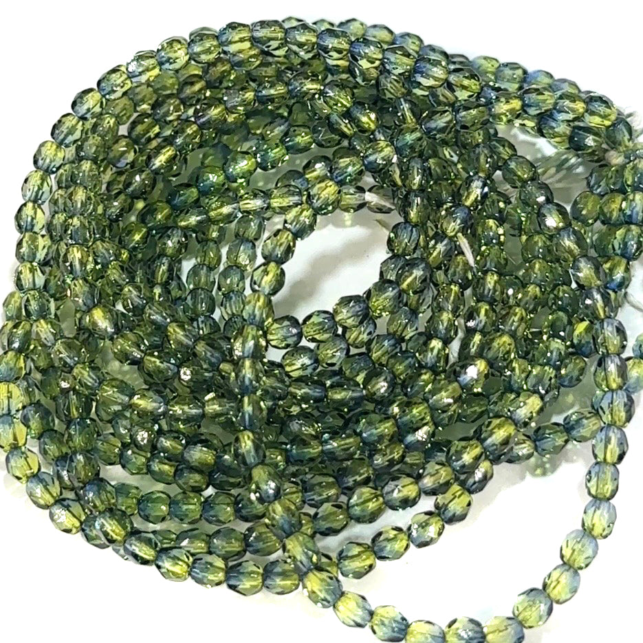 Crystal 2-tone Dark Green and Yellow Coated Czech Fire Polished Round Faceted Glass Beads