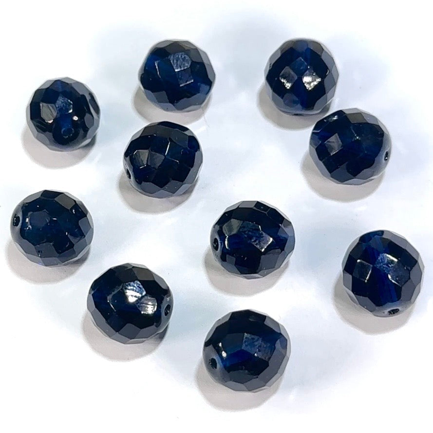 Black Cobalt Czech Fire Polished Round Faceted Glass Beads 14mm 10pcs J664