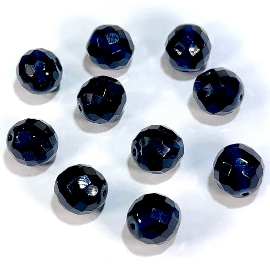 Black Cobalt Czech Fire Polished Round Faceted Glass Beads 14mm 10pcs J664