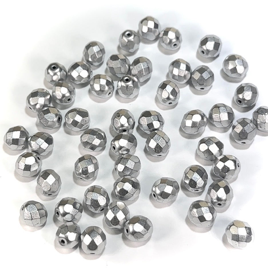 Matted Silver Czech Fire Polished Round Faceted Glass Beads 8mm 50pcs J681