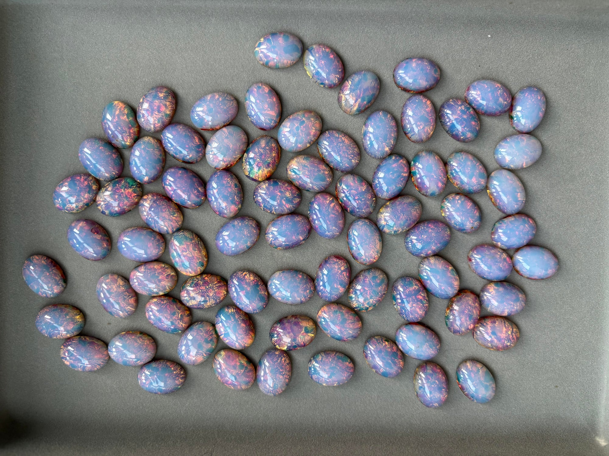 Silver Opal Milky Glass FireOpal Silver Inlaid Vintage Czechoslovakian Medium Dome Oval Cabochons 24 pieces size 18x13mm J737