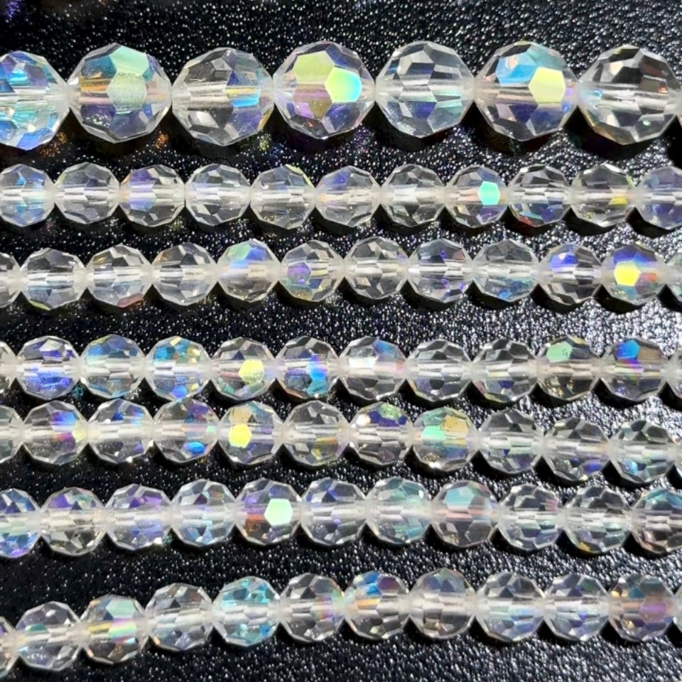 Crystal AB coated Vintage Czechoslovakian Machine Cut Round Crystal Beads 6mm 10mm 12mm