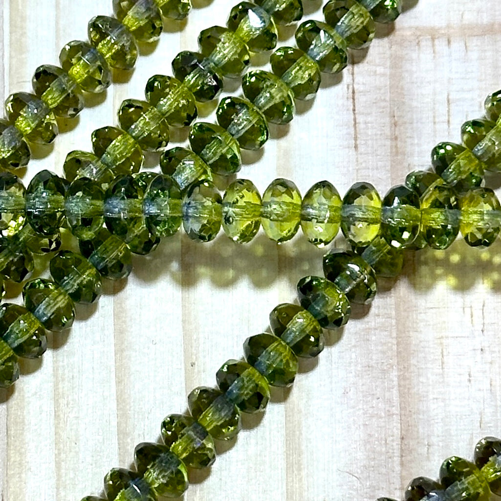 Czech Faceted Glass Doughnut Shaped Fire Polished Rondelle Spacer Beads 4x7mm Olive Capri 2-tone tire/donut beads 42pcs J784