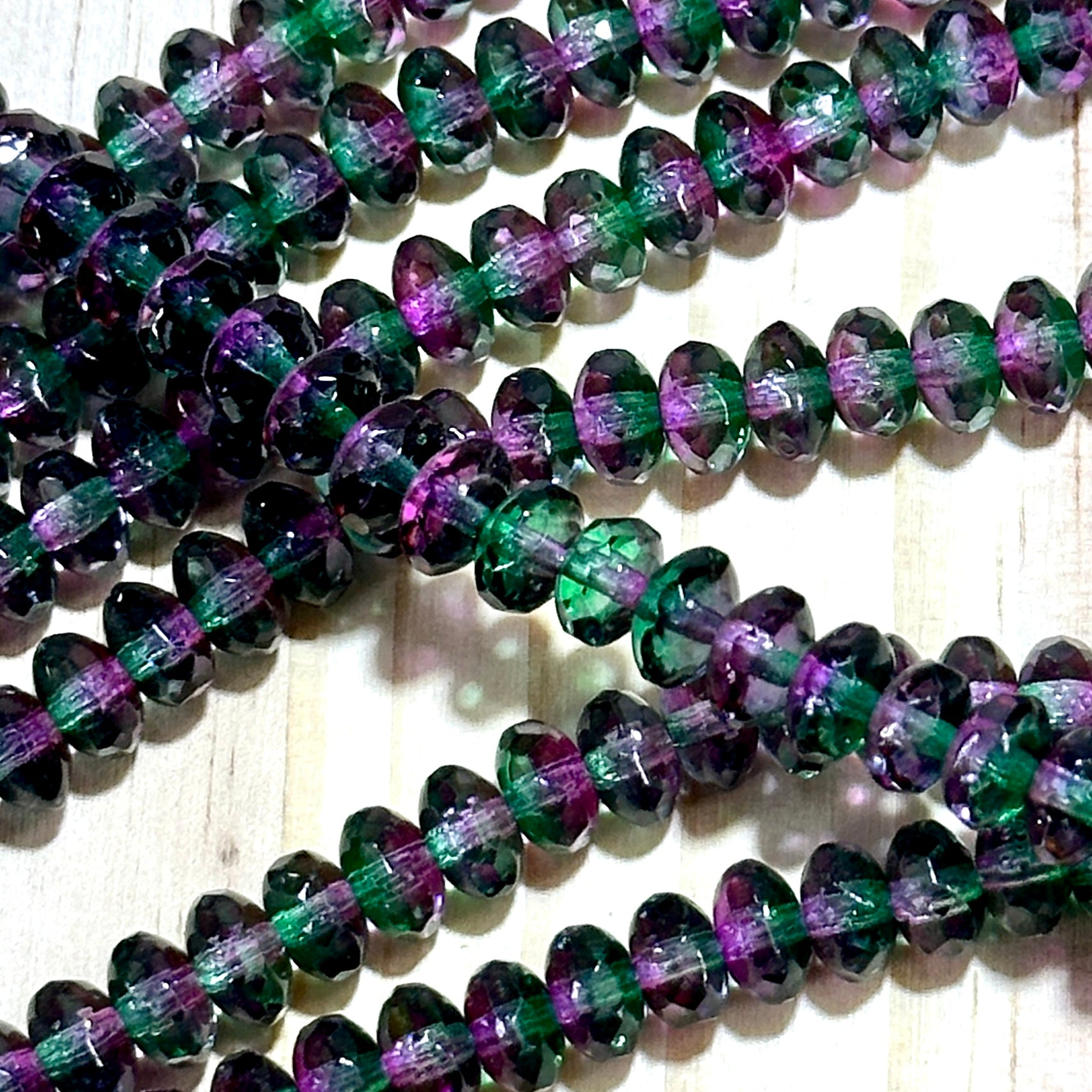 Czech Faceted Glass Doughnut Shaped Fire Polished Rondelle Spacer Beads 4x7mm Thistle 2-tone tire/donut beads 42pcs J786