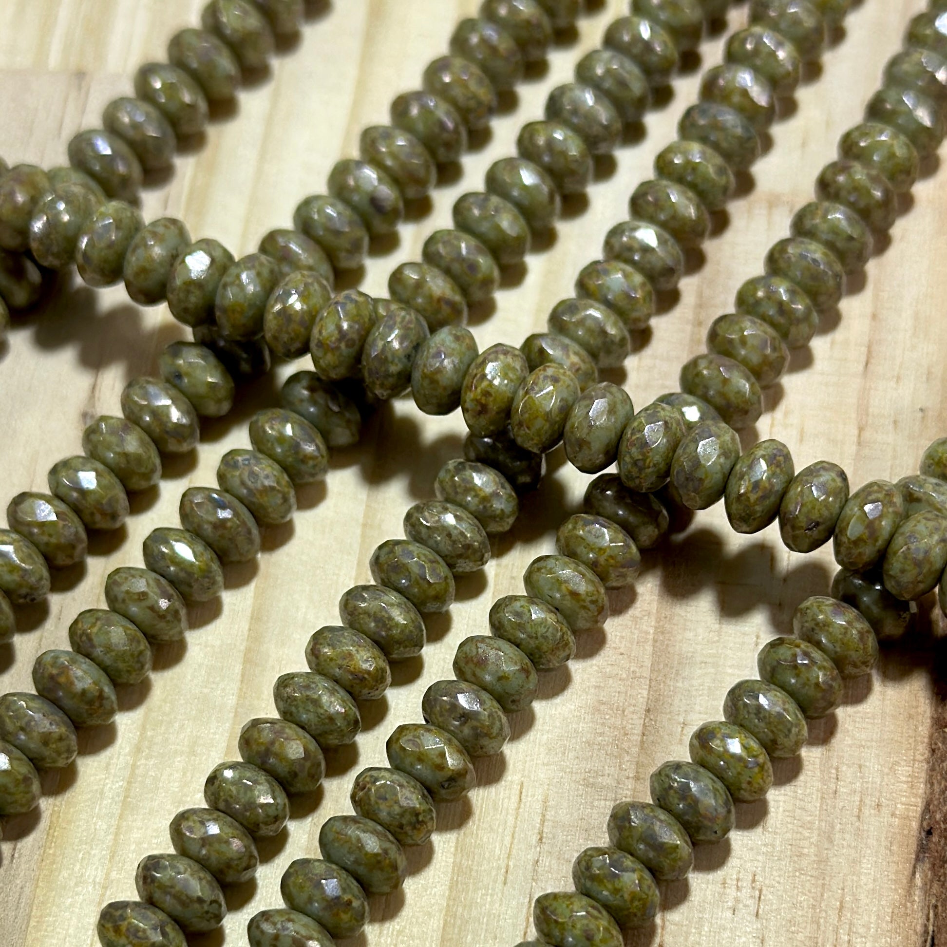 Czech Faceted Glass Doughnut Shaped Fire Polished Rondelle Spacer Beads 4x7mm Green Patina tire/donut beads 42pcs J810