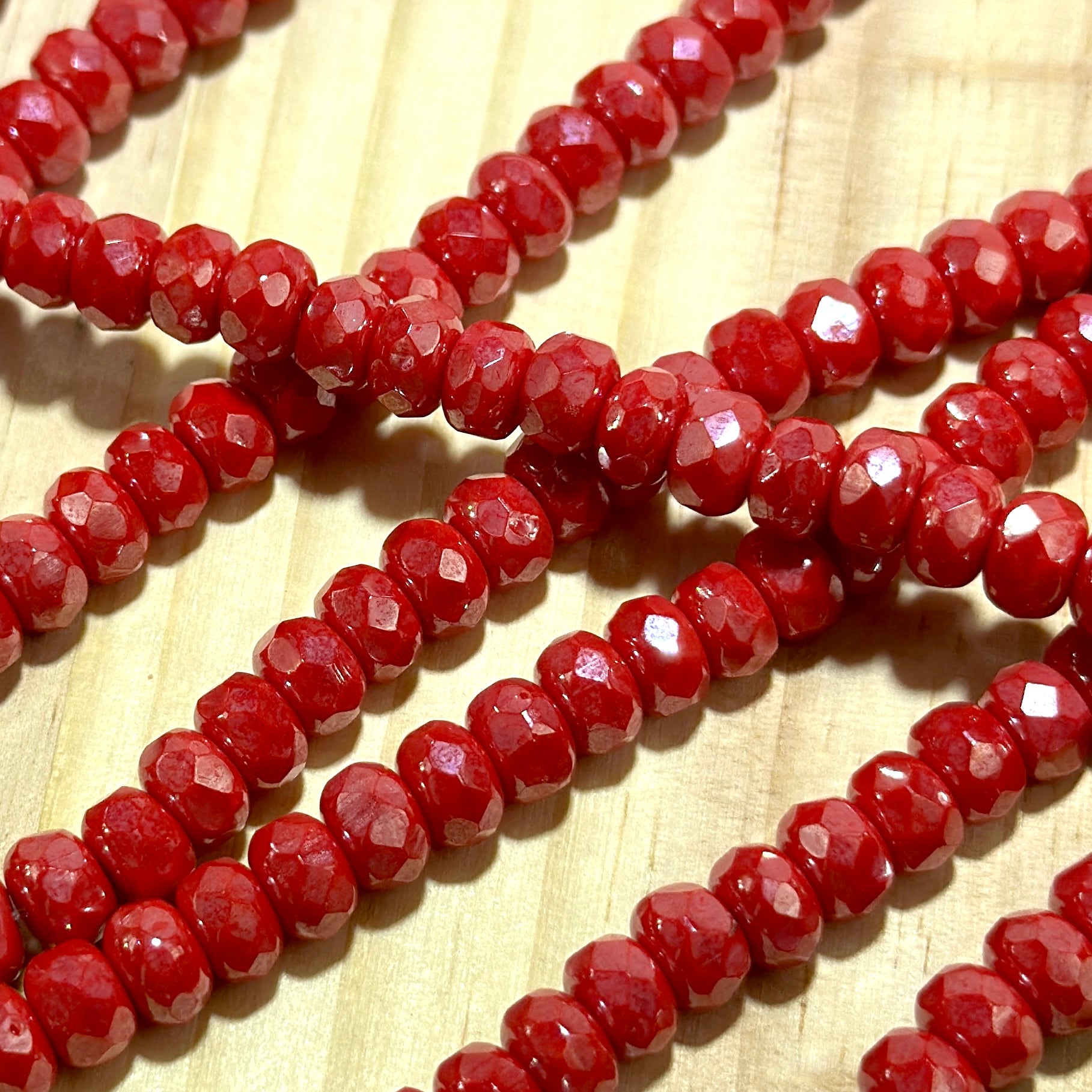 Czech Faceted Glass Doughnut Shaped Fire Polished Rondelle Spacer Beads 5x7mm Coral Shimmer tire/donut beads 36pcs J815