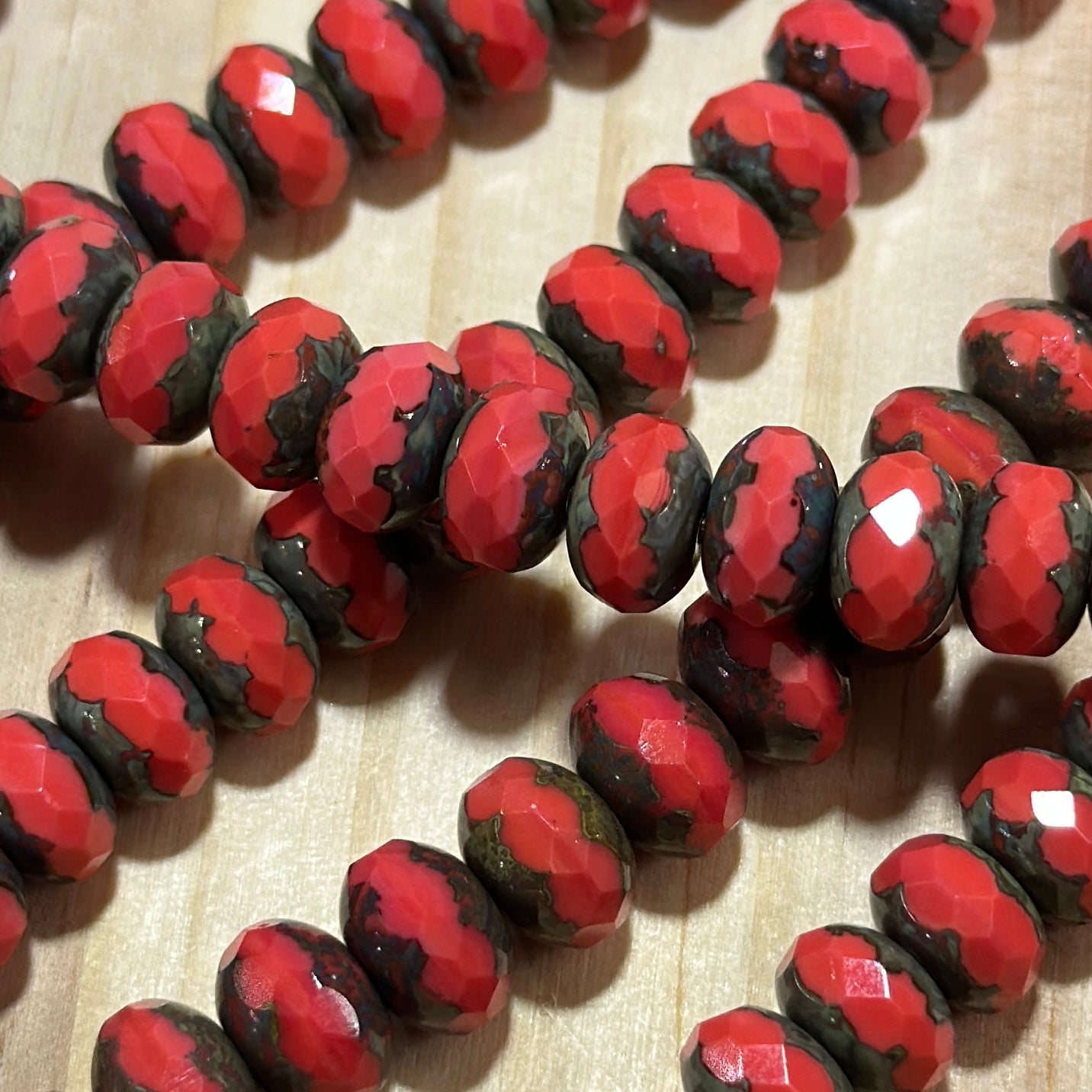 Czech Faceted Glass Doughnut Shaped Fire Polished Rondelle Spacer Beads 6x9mm Coral Picasso tire/donut beads 28pcs J823