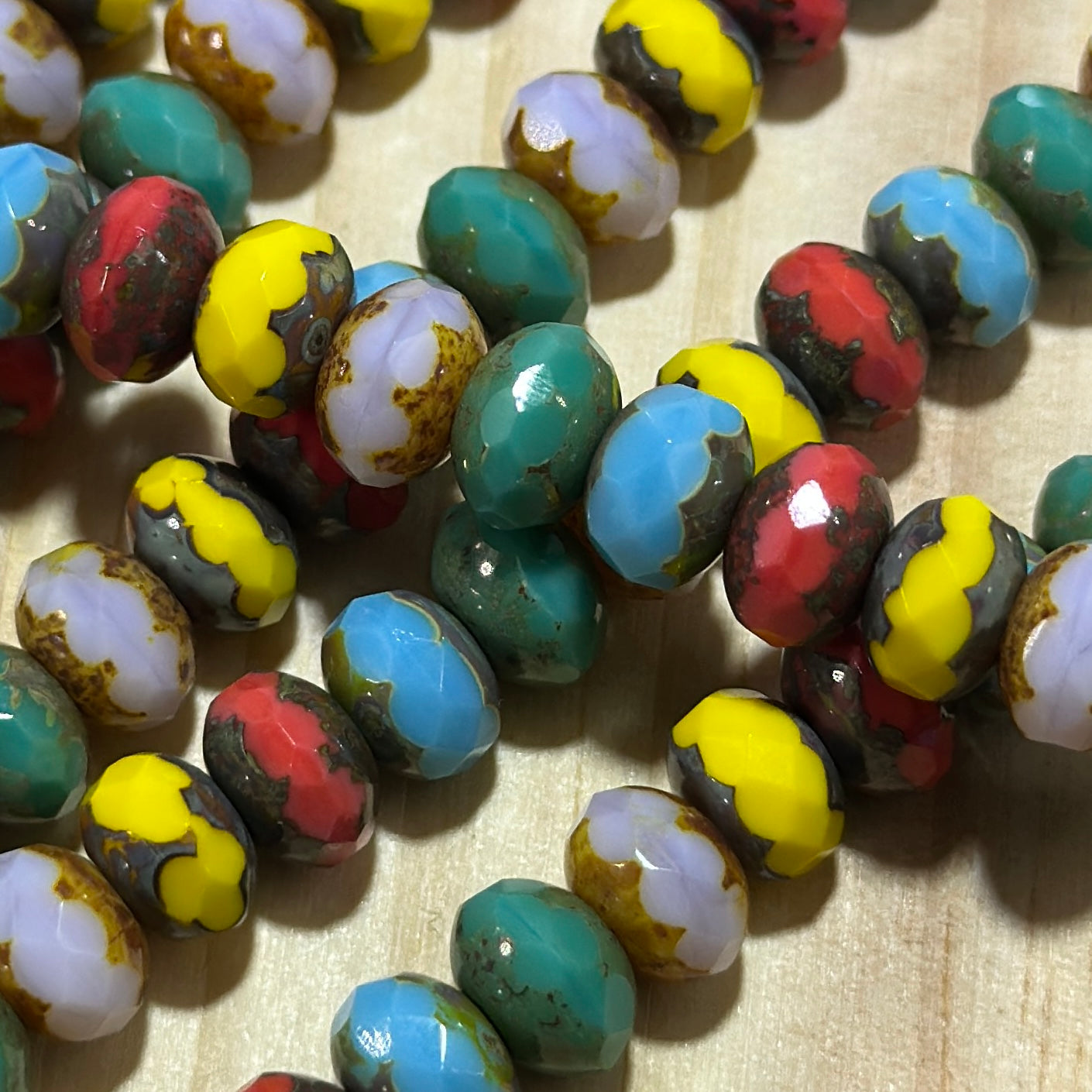 Czech Faceted Glass Doughnut Shaped Fire Polished Rondelle Spacer Beads 6x9mm Picasso Mix tire/donut beads 28pcs J824