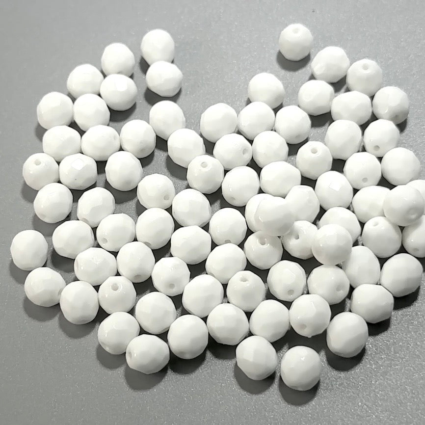 Chalk White Opaque Czech Fire Polished Round Faceted Glass Beads