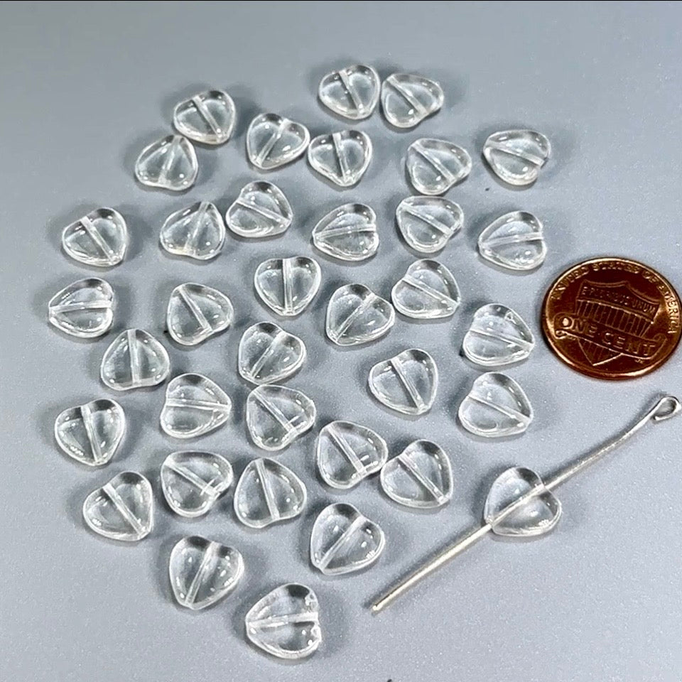Czech Glass Heart Beads 10mm Crystal clear, Pressed Beads, 36 pcs K001