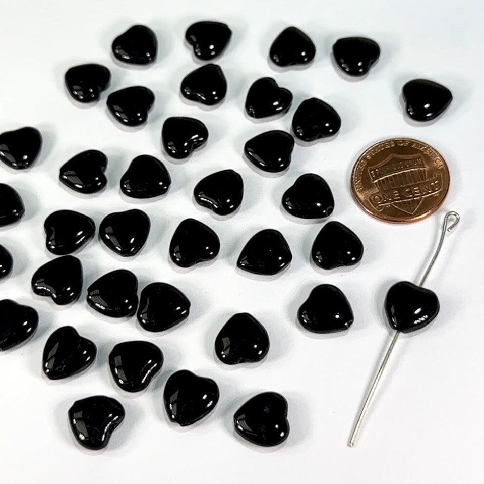 Czech Glass Heart shaped druk beads 10mm Jet black, Loose Pressed Beads, 36 pcs K003