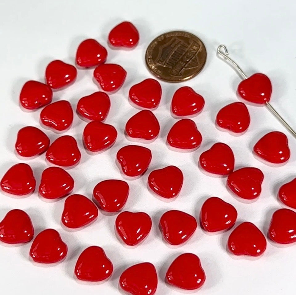 Czech Glass Heart Beads 10mm Coral light red, Pressed Beads, 36 pcs K005