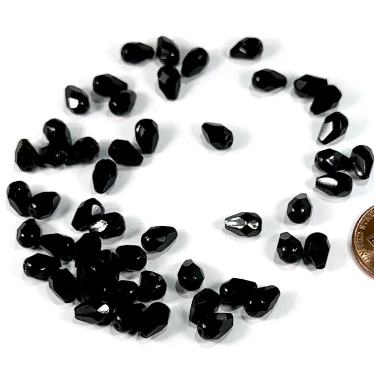 Czech Glass Pear Shaped Fire Polished Beads 7x5mm Jet black Tear Drops, 50 pieces, P380