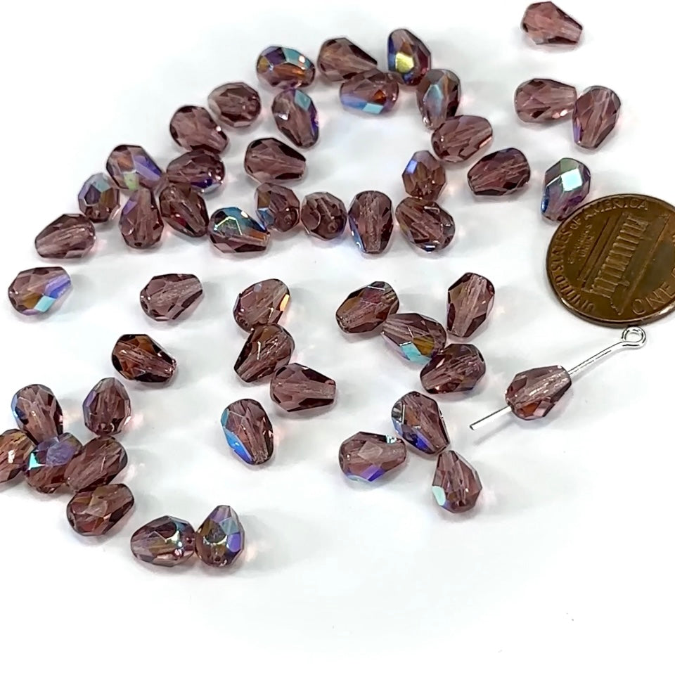 Czech Glass Pear Shaped Fire Polished Beads 8x6mm Light Amethyst AB purple Tear Drops 50 pieces P391