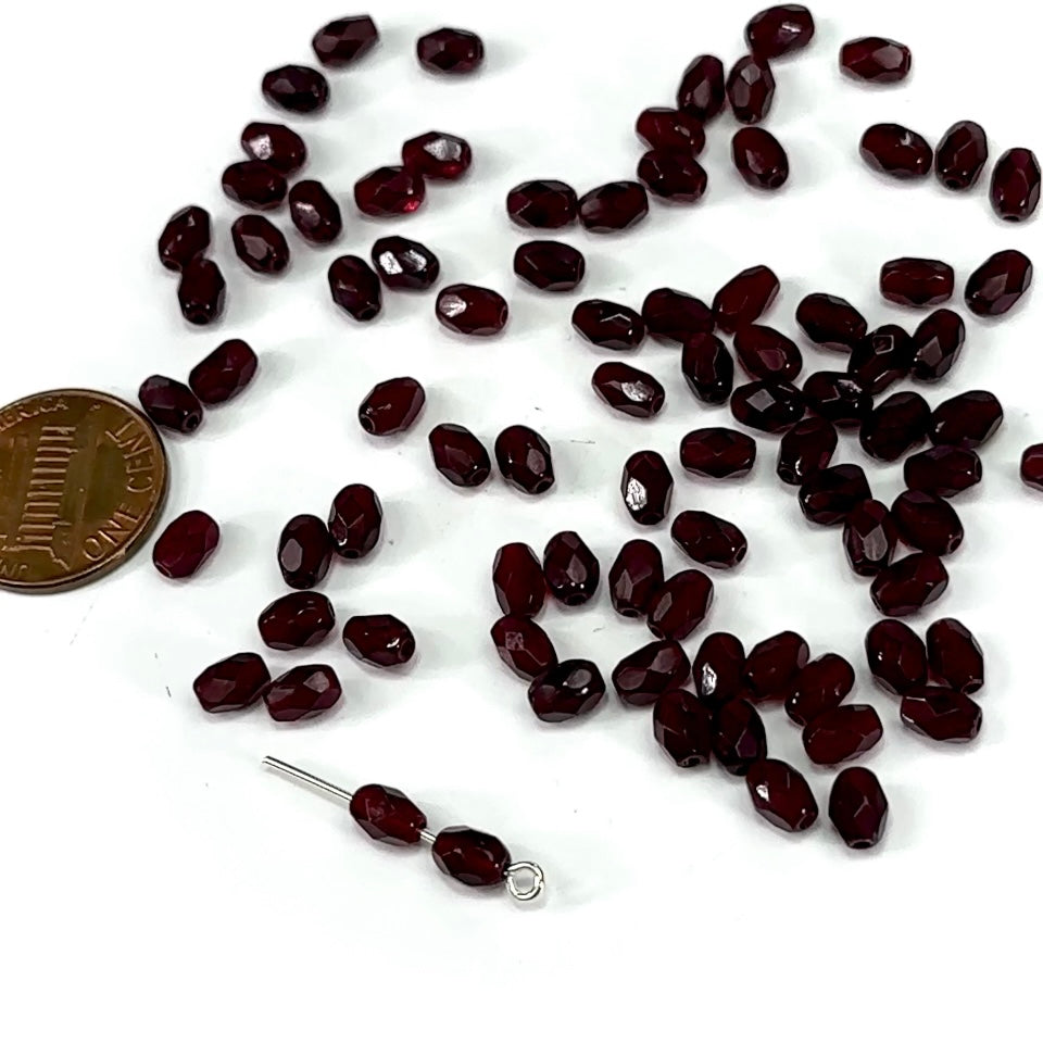 Czech Glass Olive Shaped Faceted Fire Polished Beads 6x4mm Garnet oval 80 pieces P857