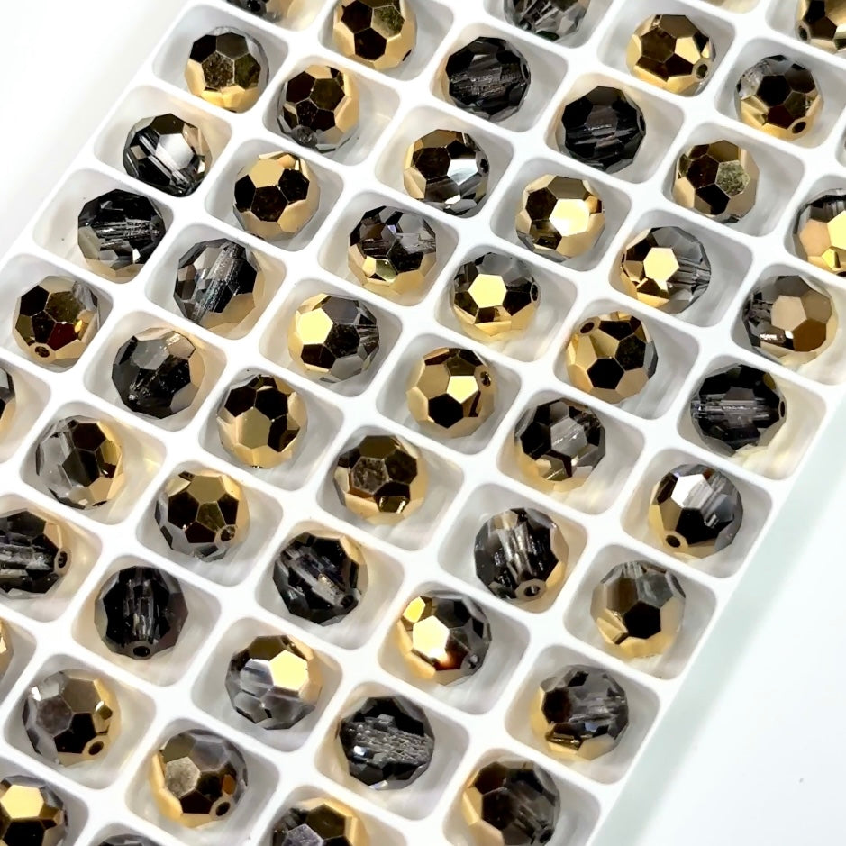 Crystal Aurum Half coated, Czech Machine Cut Round Crystal Beads, clear grey and gold 8mm