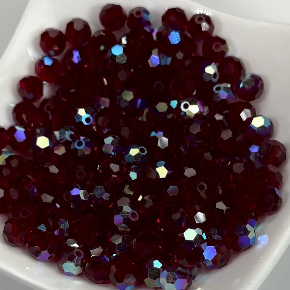 Siam AB coated, Czech Machine Cut Round Crystal Beads, dark red coated with Aurora Borealis, 6mm, 8mm Rosary Beads