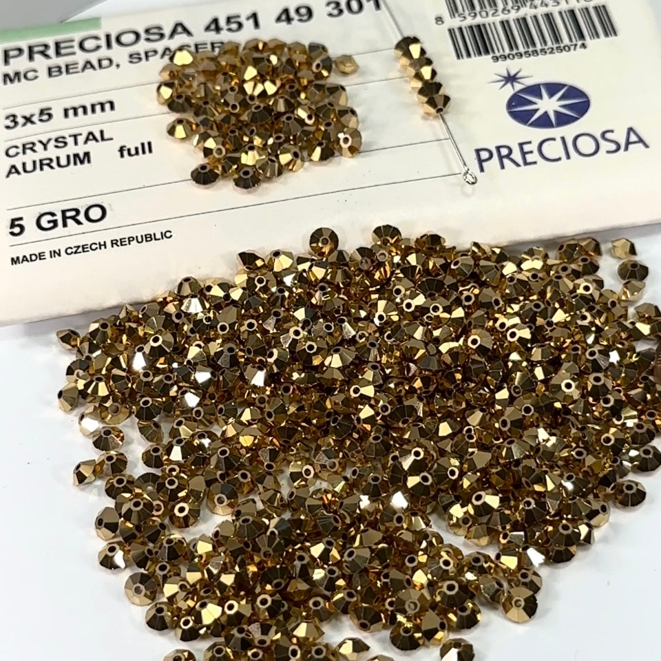 Crystal Aurum Gold Full coated Czech MC Spacer Beads Squished Bicones size 3x5mm