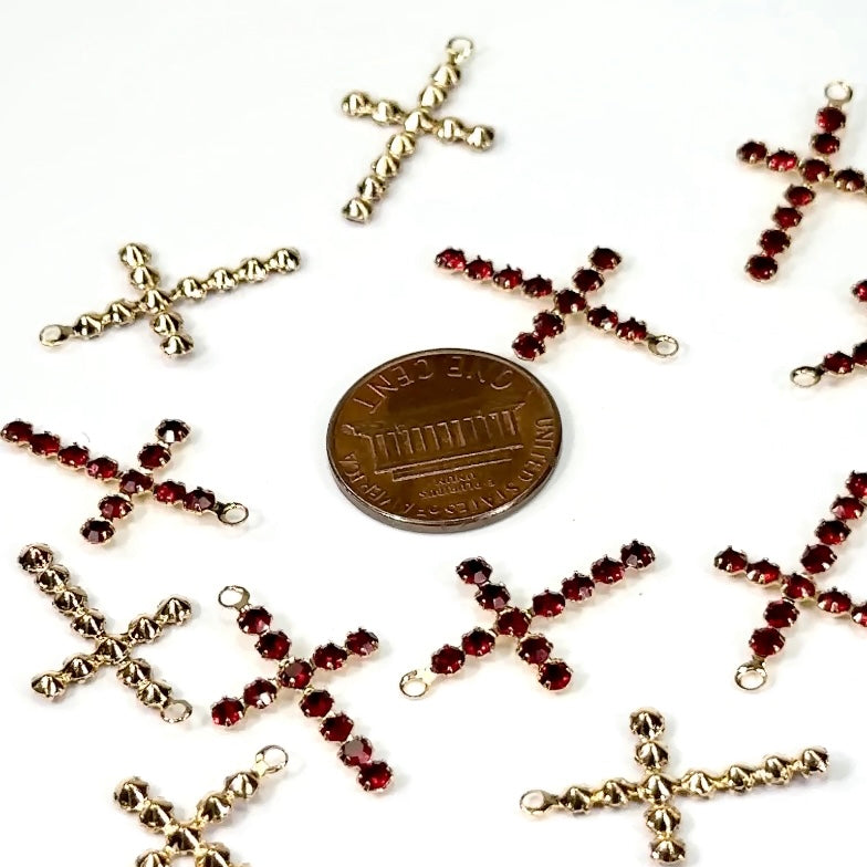 Vintage Swarovski 20mm Soft Cross Pendant with 2.2mm Siam red color Rhinestones Gold Plated 12 pieces SW020