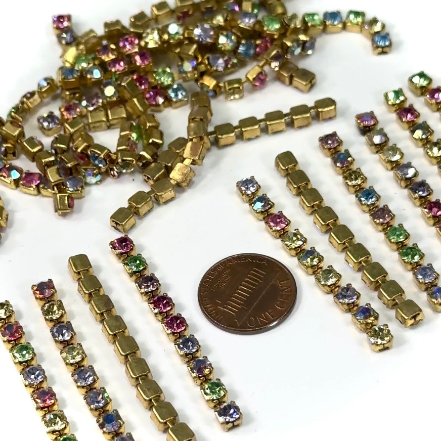 Vintage Swarovski 2 inch Rhinestone Chain pieces with 4mm Light Multi color Stones Unplated 12 pieces SW027