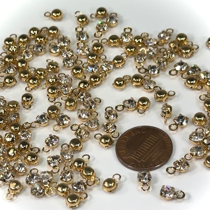 Vintage Swarovski Chaton Rhinestones in 1-loop Gold Plated Closed Back Pendant Settings 4mm Clear Crystal 72 pieces SW029