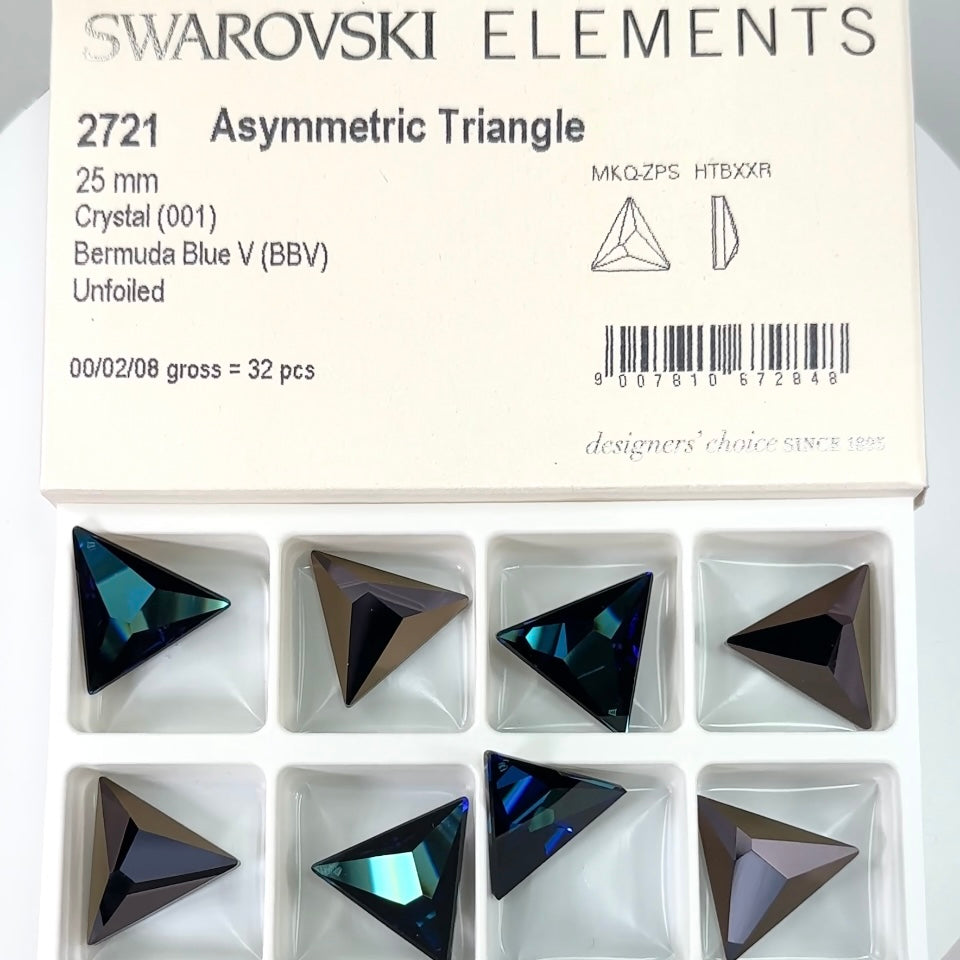 Swarovski Art.# 2721 - Crystal Bermuda Blue coated Asymmetric Pointed Back Triangle Stones in size 25mm full box 32pcs SW036
