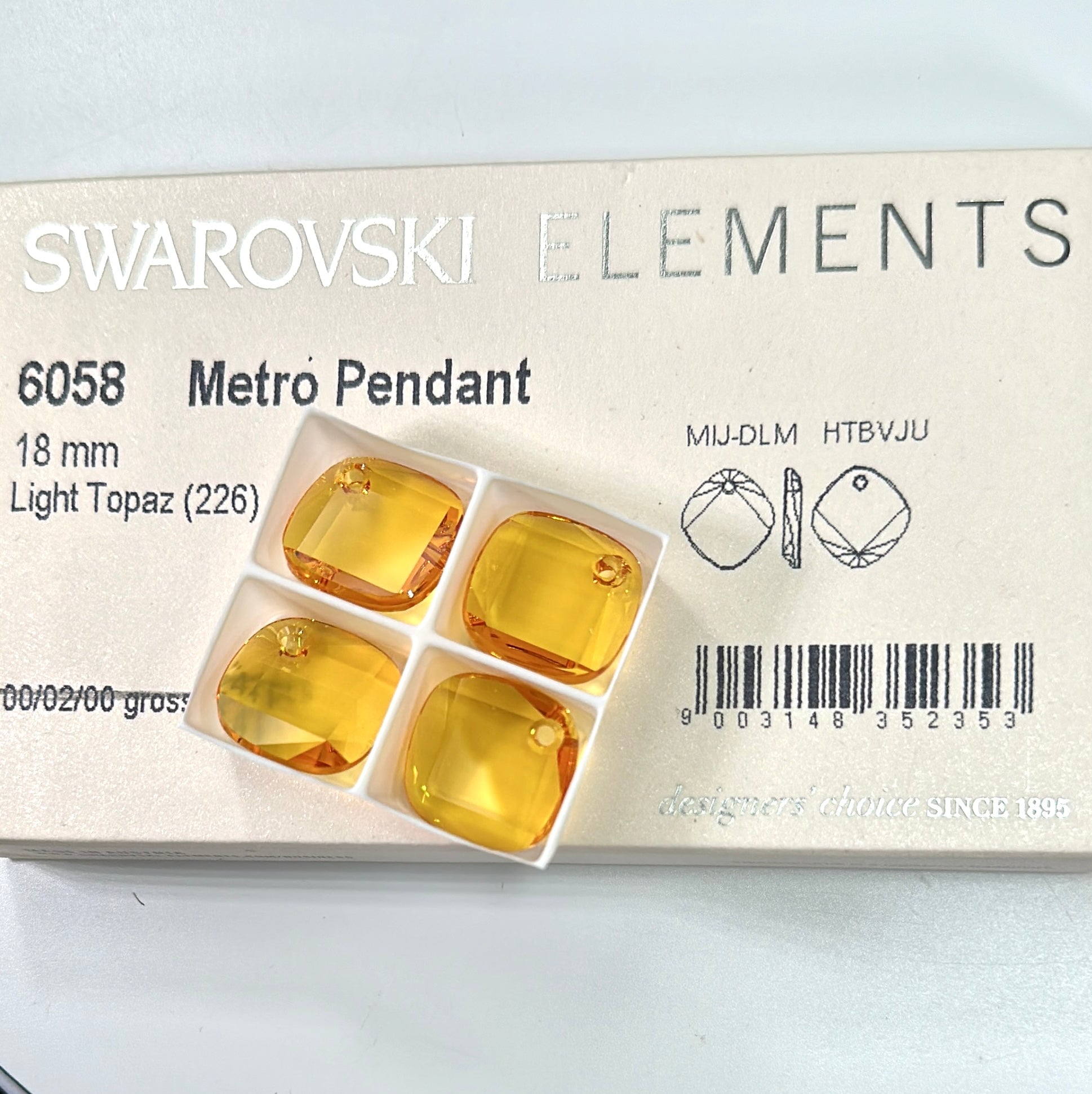 Swarovski Art.# 6058 - Light Topaz Metro Top Drilled Pendants 4pcs size 18mm SW040