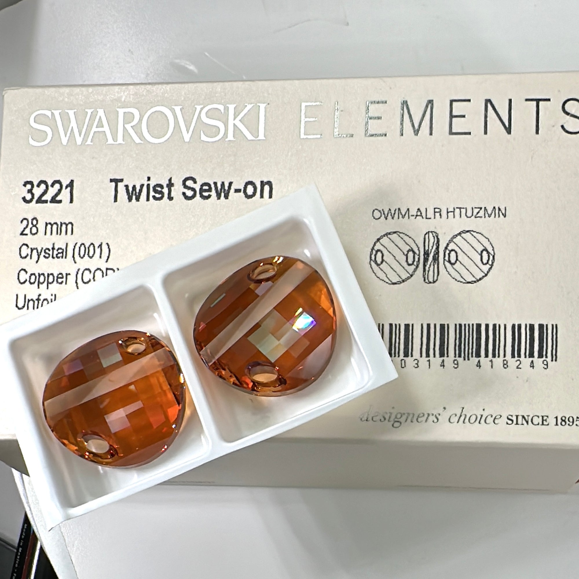 Swarovski Art.# 3221 - Crystal Copper coated Round Twist Sew-on Stones in size 28mm 2pcs SW041