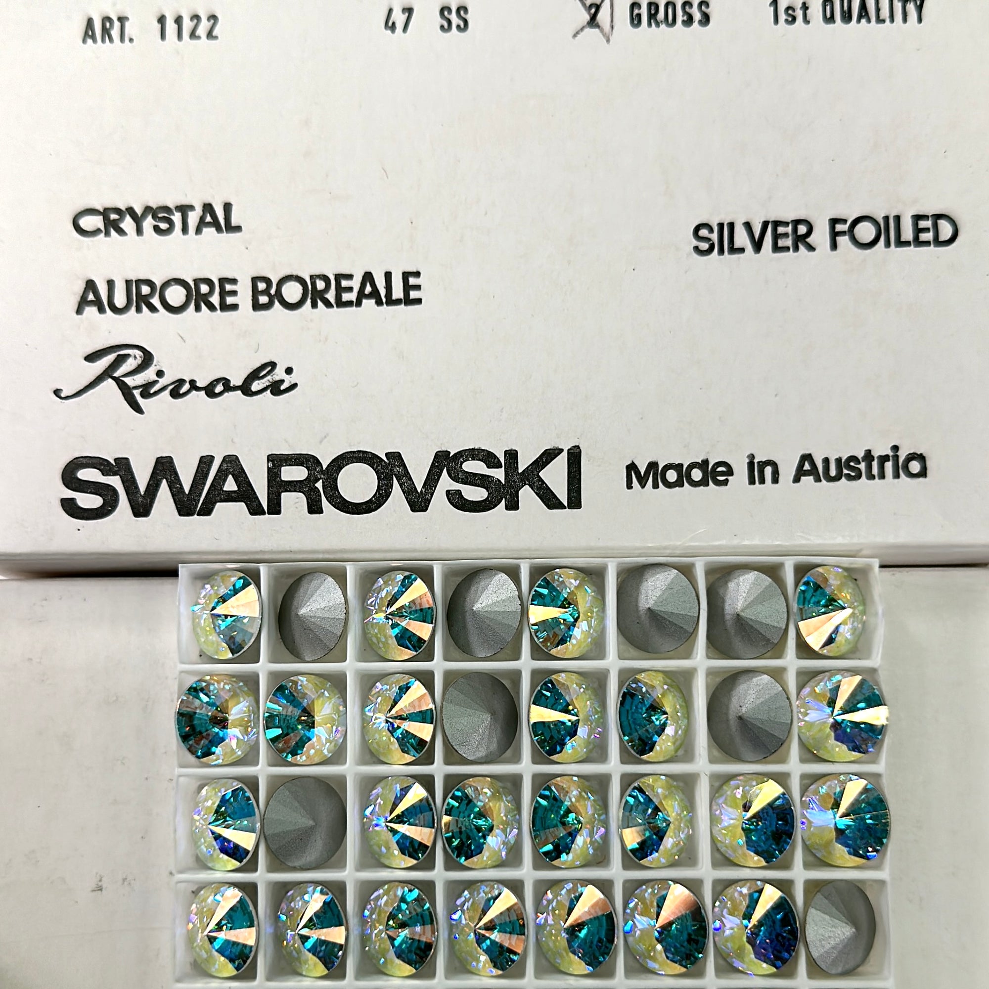 Swarovski Art.# 1122 - Crystal AB coated Silver Foiled Rivoli Stones in size 47ss 12pcs SW044