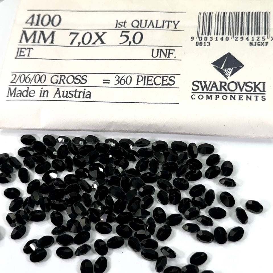 Swarovski Art.# 4100 - Jet Black Unfoiled Pointed Back Oval Fancy Stones PARTIAL PACKAGE 140pcs size 7x5mm SW055