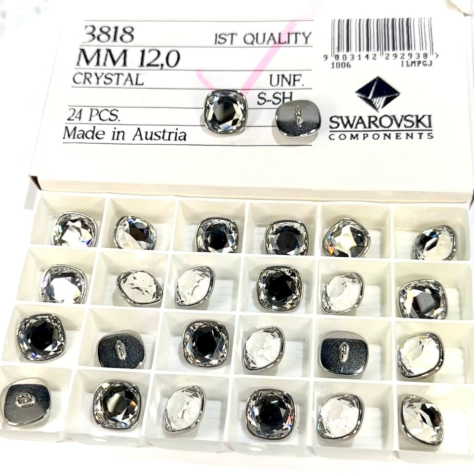 Swarovski Art.# 3818 - Swarovski Decorative Crystal Clear Buttons with Silver Plated shank in 12mm Silver Casting 24 pieces SW228