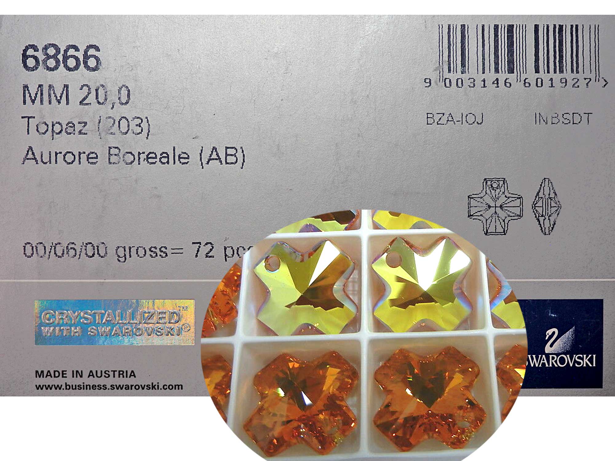 Swarovski Art.# 6866 - Topaz AB coated, top drilled chunky Cross Pendants in size 20mm, 4 pcs