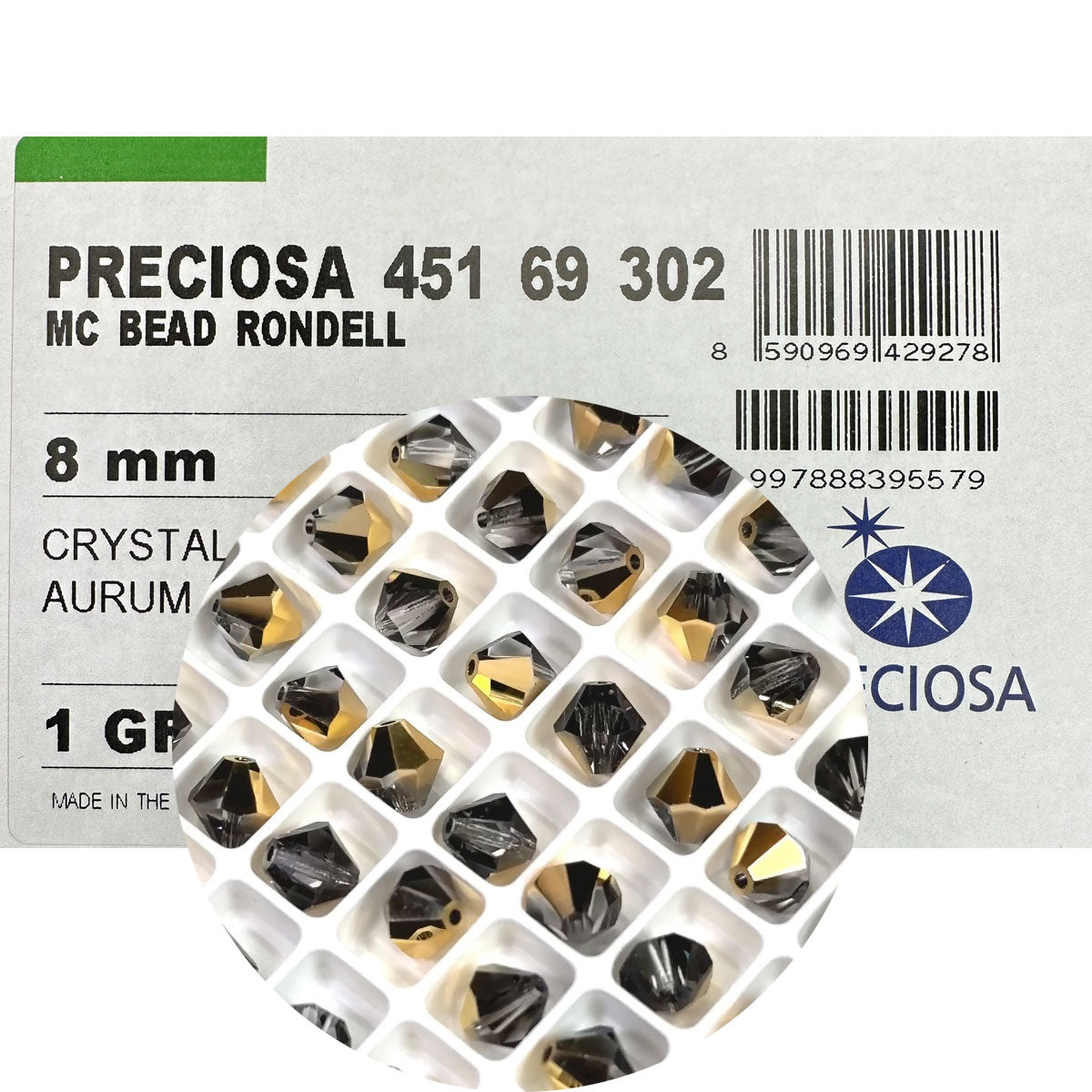 Crystal Aurum Half coated, Czech Glass Beads, Machine Cut Bicones (MC Rondell, Diamond Shape), clear crystals half coated with Preciosa aurum gold, 8mm