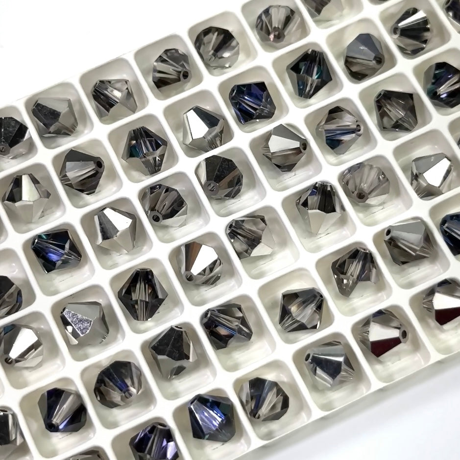 Crystal Heliotrope, Czech Glass Beads, Machine Cut Bicones (MC Rondell, Diamond Shape), clear crystals half coated with helio metallic